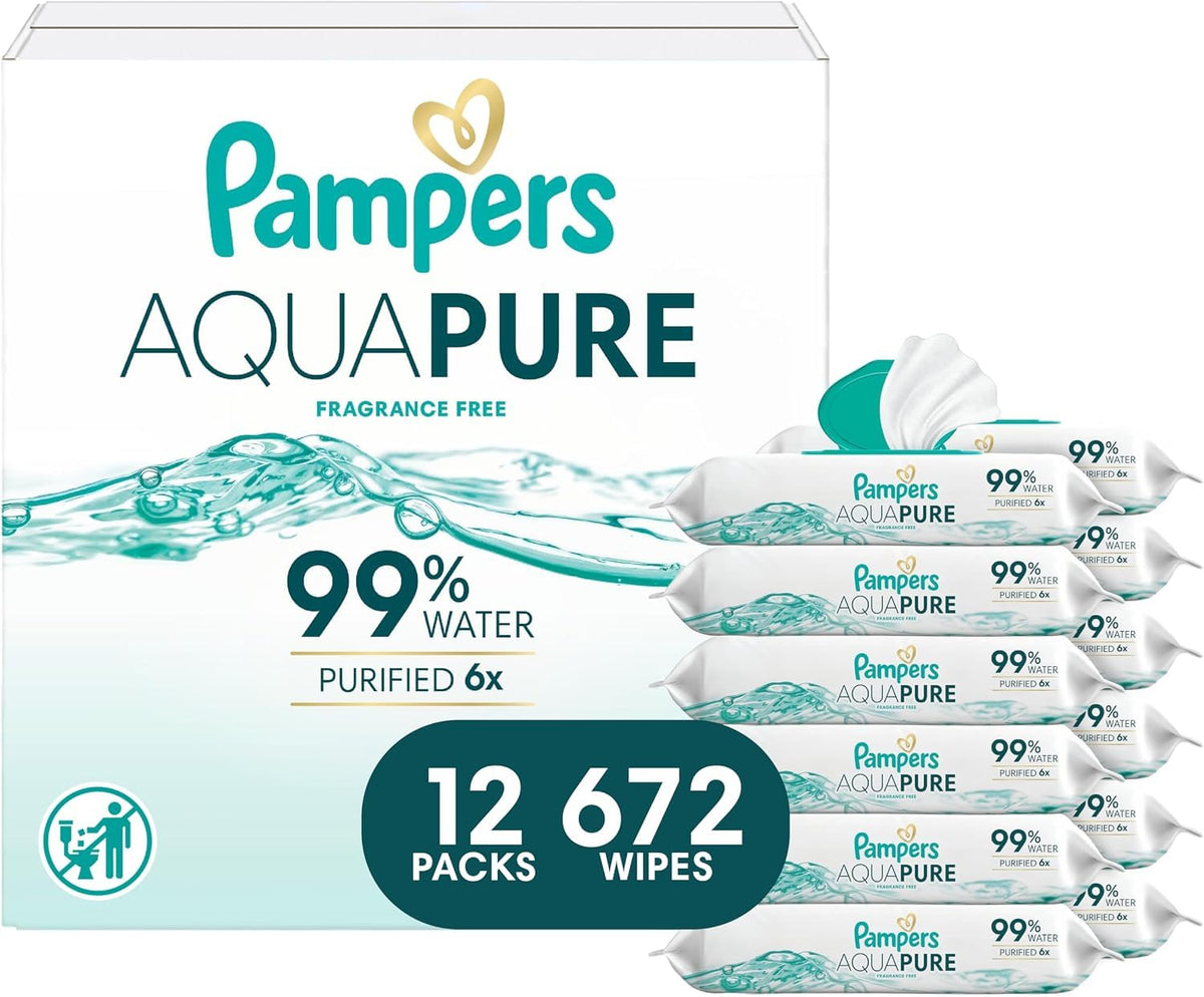 Pampers Aqua Pure Baby Wipes, Unscented, Fragrance Free, 99% Water, Water Based, Multi-Use, 672 Wipes Total (12X Flip-Top Packs)