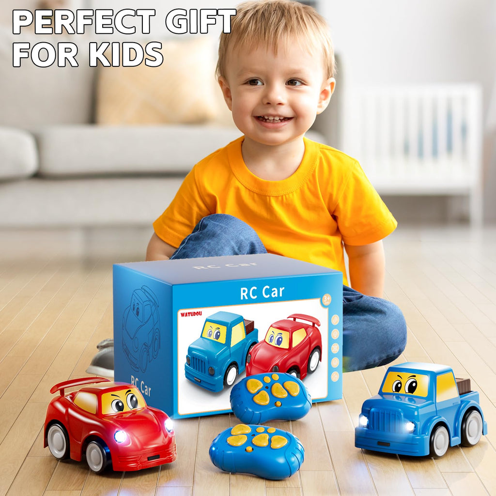 WATUDOU Remote Control Car for Toddlers 1-3 2-4 3-5, 2 Pack Cartoon 2.4 GHz RC Cars for Kids, Electric Hobby RC Car Toys, Christmas Birthday Gifts Toys for Kids Boys Girls 2 3 4 5 6 Years Old