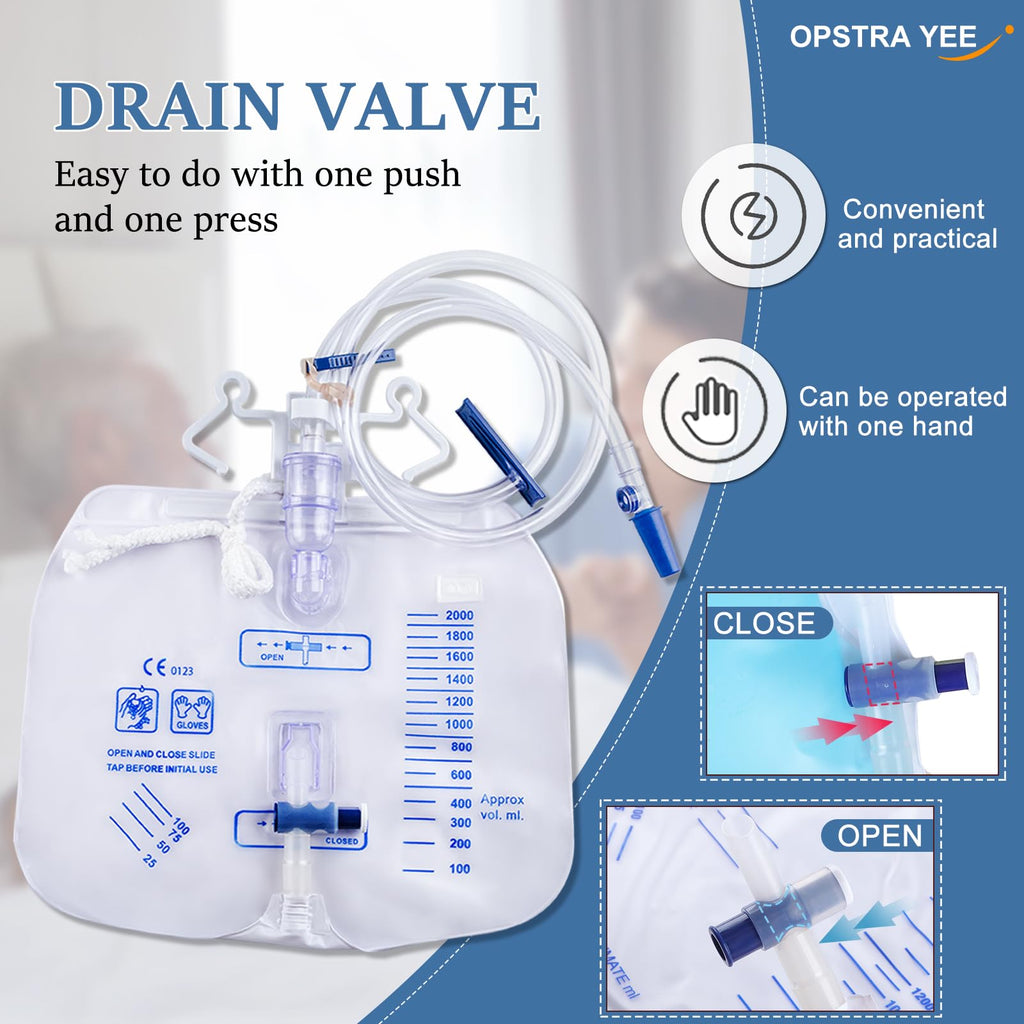 5 Pack 2000ml Urine Drainage Bag with 48" Tube, Leak Proof Anti Reflux with Cross-Shaped Drainage Valve and Dual Hook for Easy Hanging