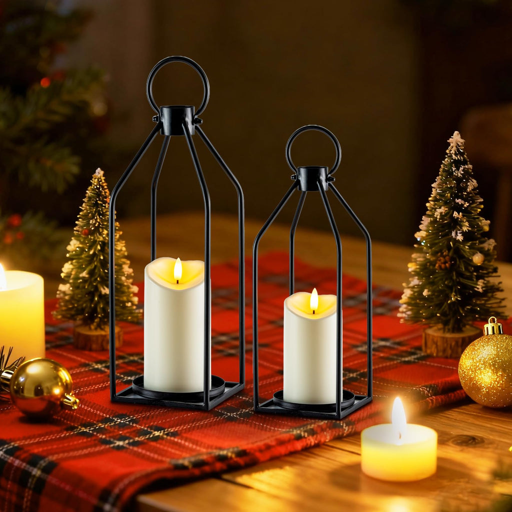 Homemory Modern Farmhouse Black Metal Lanterns 2PCS with Flameless Candle