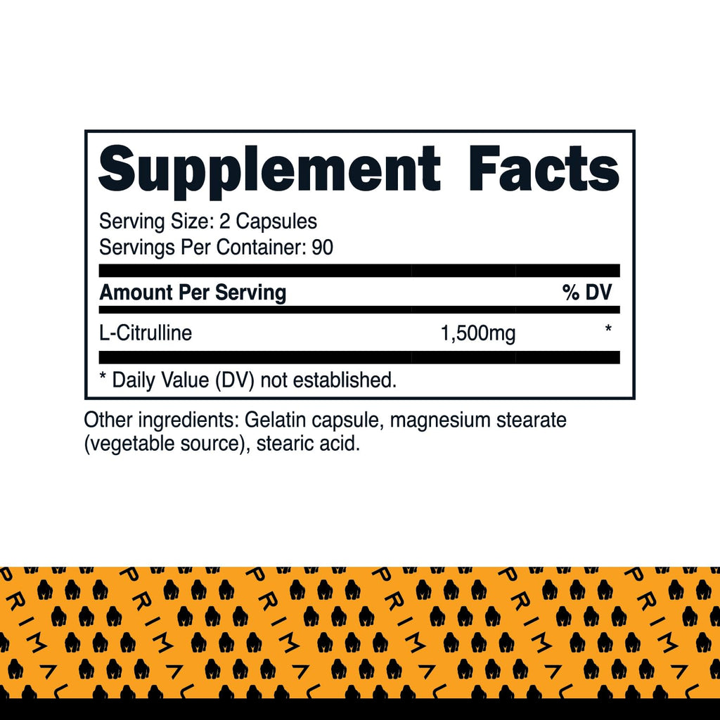 Primal L-Citrulline Capsules (180 Capsules / 1,500 mg Per Serving) | Premium L-Citrulline Supplement