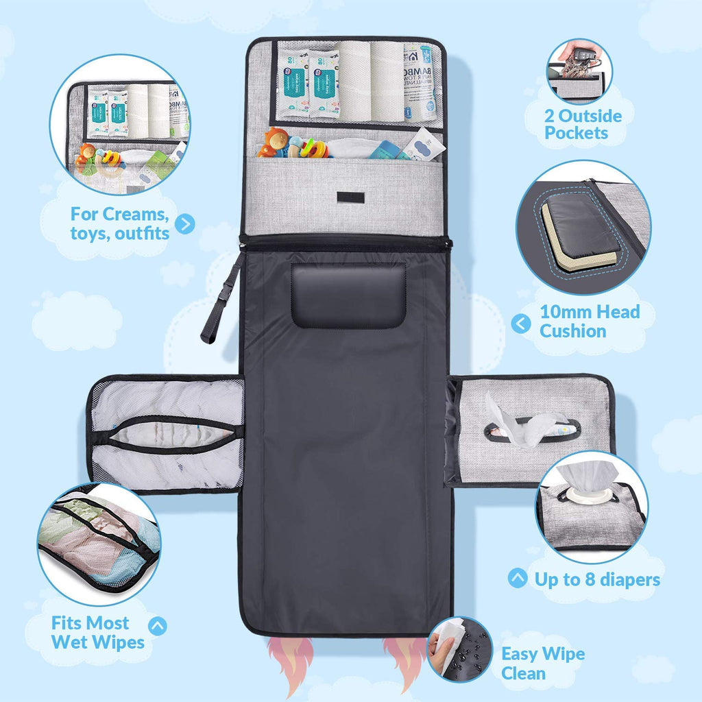 Portable and Waterproof XL Baby Changing Mat - This Nappy Changing mat is a Detachable Bag consisting of 6 Pockets Along with a Wipe Dispenser and a Comfortable Cushion for Baby's Head