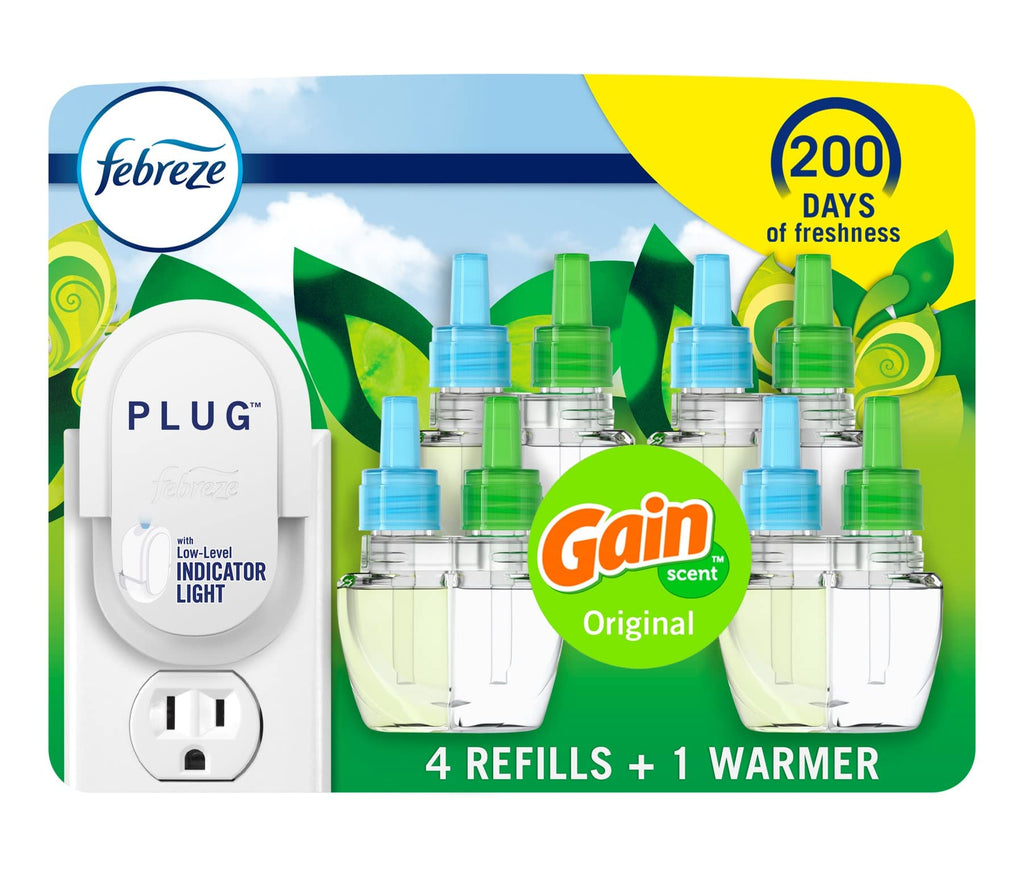 Febreze Plug-In Air Freshener, Odor-Fighting Scented Oil Starter Kit, Air Fresheners for Home, Bathroom and Kitchen, Long Lasting, Gain Original Scent, Warmer + 4 Refill, Multicolor