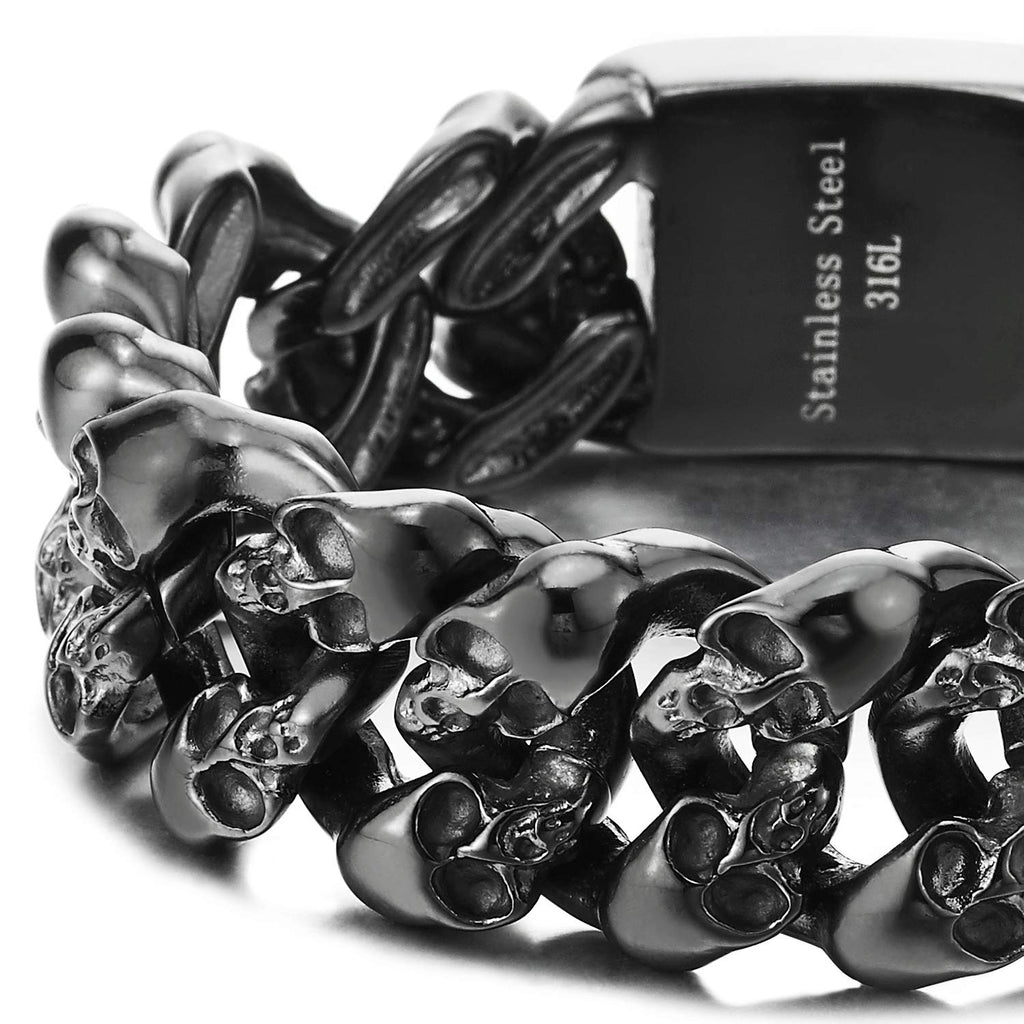 COOLSTEELANDBEYOND Men's Black Stainless Steel Skull Cuban Link Bracelet, Rugged Gothic Biker Chain, Heavy-Duty Jewelry, Secure Box Clasp