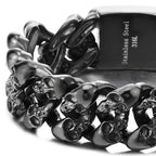 COOLSTEELANDBEYOND Men's Black Stainless Steel Skull Cuban Link Bracelet, Rugged Gothic Biker Chain, Heavy-Duty Jewelry, Secure Box Clasp