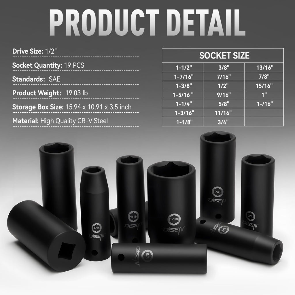 DISEN 19 Pcs 1/2" SAE Impact Socket Set, Deep Sockets 3/8"- 1-1/2", 6-Point Cr-V & Alloy Steel, 1/2 Inches Drive Impact Socket Set,Rugged Construction, Enhanced Storage Case