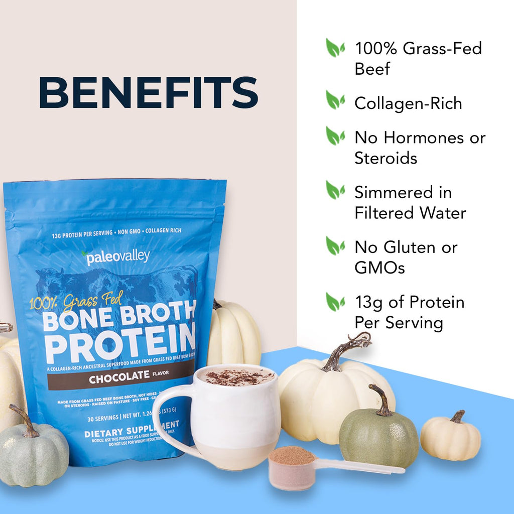 Paleovalley 100% Grass Fed Beef Bone Broth Protein Powder - Rich in Collagen Peptides for Hair, Skin, Gut Health, Bone and Joint Support - 13g Protein Per Serving - No Gluten or GMOs - Chocolate