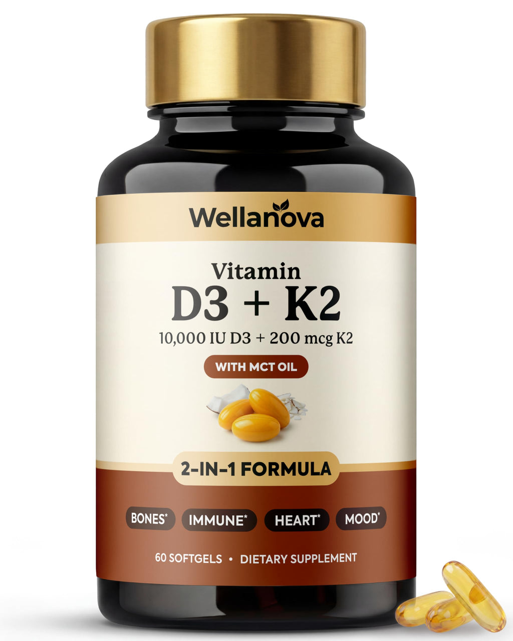 Vitamin D3 K2 10,000 IU – Pure 2-in-1 K2 D3 Vitamin Supplement for Men & Women – MK-7 200 mcg with Coconut Oil – 60 Softgels