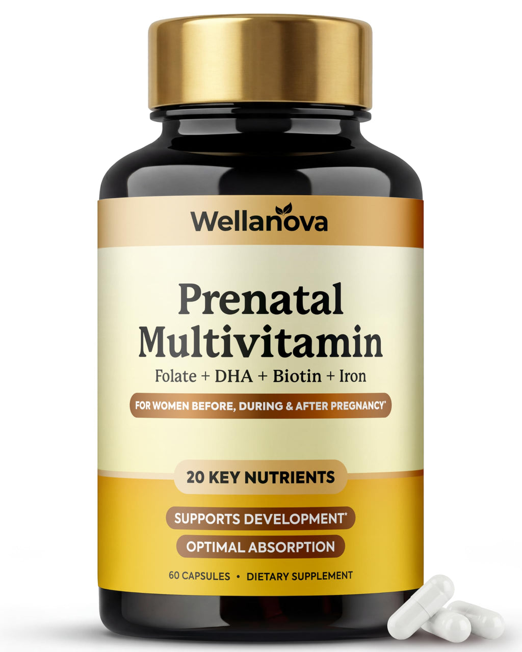 Wellanova Prenatals Multivitamin for Women – with Iron – Family Planning & Pregnancy Prenatal Vitamins with DHA, Folate & Gentle Chelated Minerals – 60 Capsules