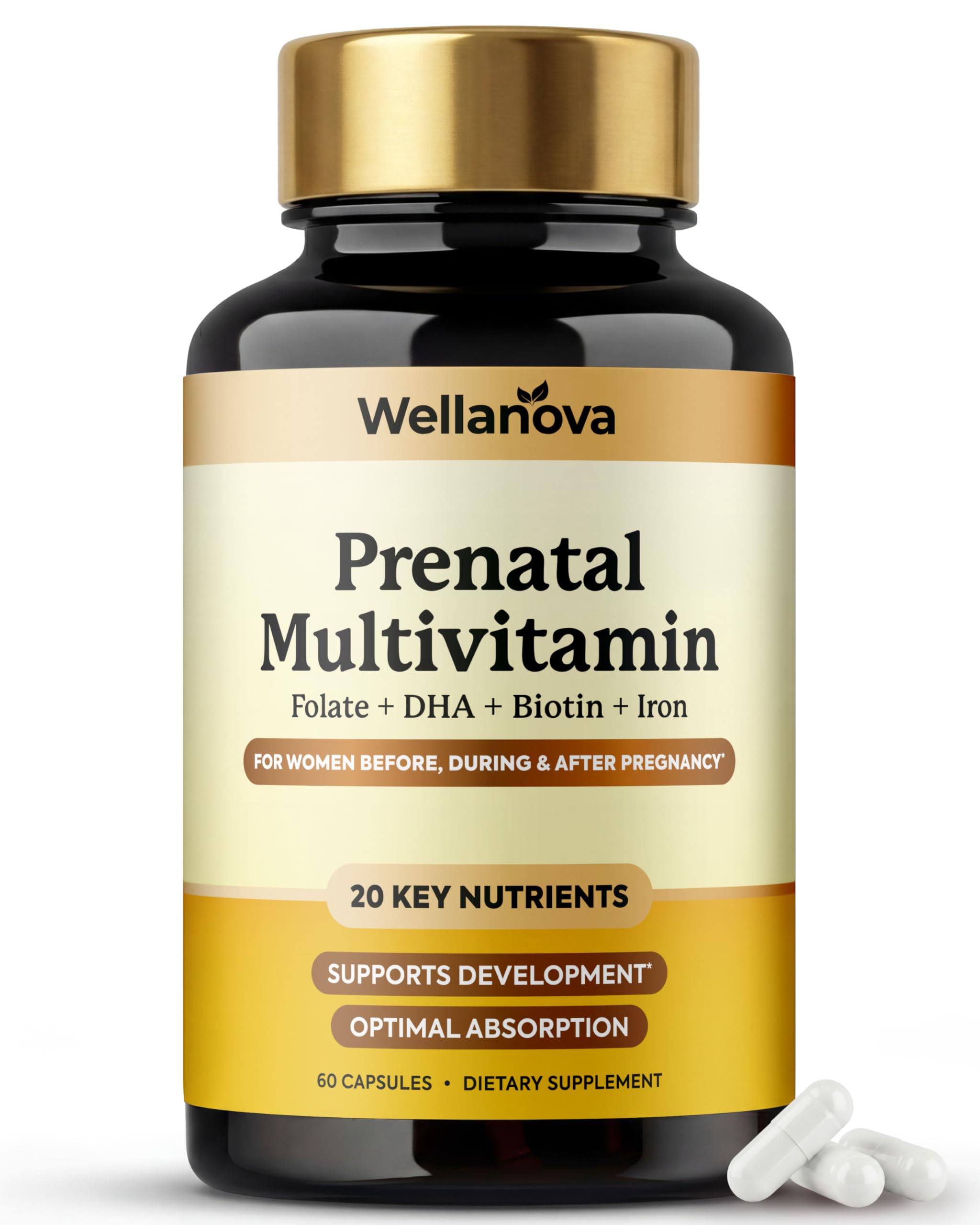 Wellanova Prenatals Multivitamin for Women – with Iron – Family Planning & Pregnancy Prenatal Vitamins with DHA, Folate & Gentle Chelated Minerals – 60 Capsules