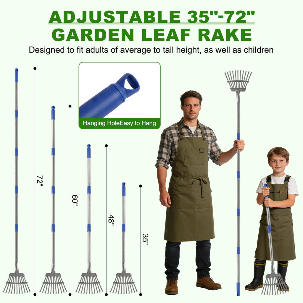 Gixmuoiy Garden Rake for Leaves, Heavy-Duty Small Metal Rake for Lawn, Yard, Garden Beds, Debris & Shrubs, 6 ft Adjustable Handle for Kids and Adults