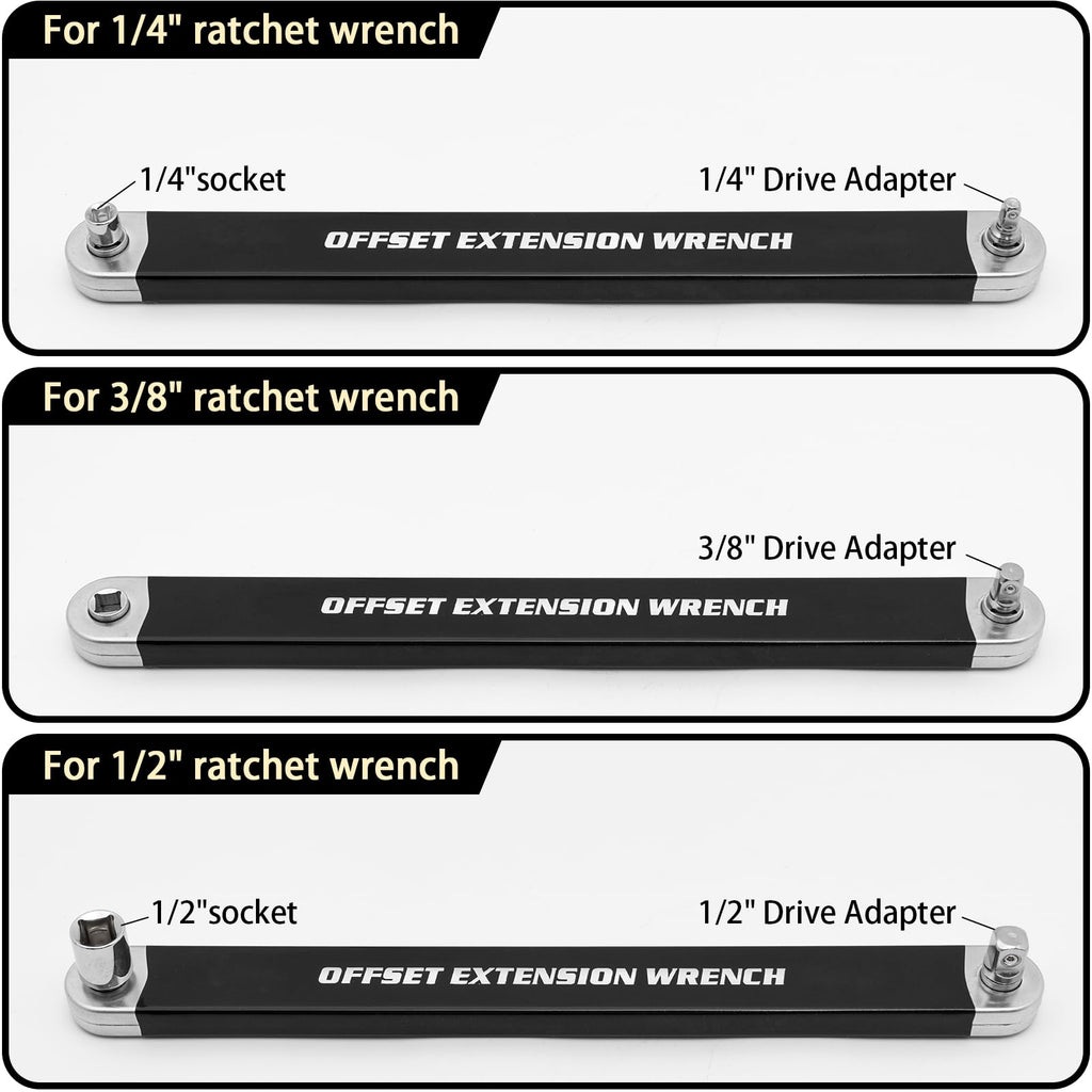 Offset Extension Wrench, Ratchet Extension Bar with 1/2", 1/4" and 3/8" Square Drive Adapters, Impact Wrench Extender for Access to Confined Fastener, Ratchet Extenders Tool with 3 Adapters Socket