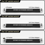 Offset Extension Wrench, Ratchet Extension Bar with 1/2", 1/4" and 3/8" Square Drive Adapters, Impact Wrench Extender for Access to Confined Fastener, Ratchet Extenders Tool with 3 Adapters Socket