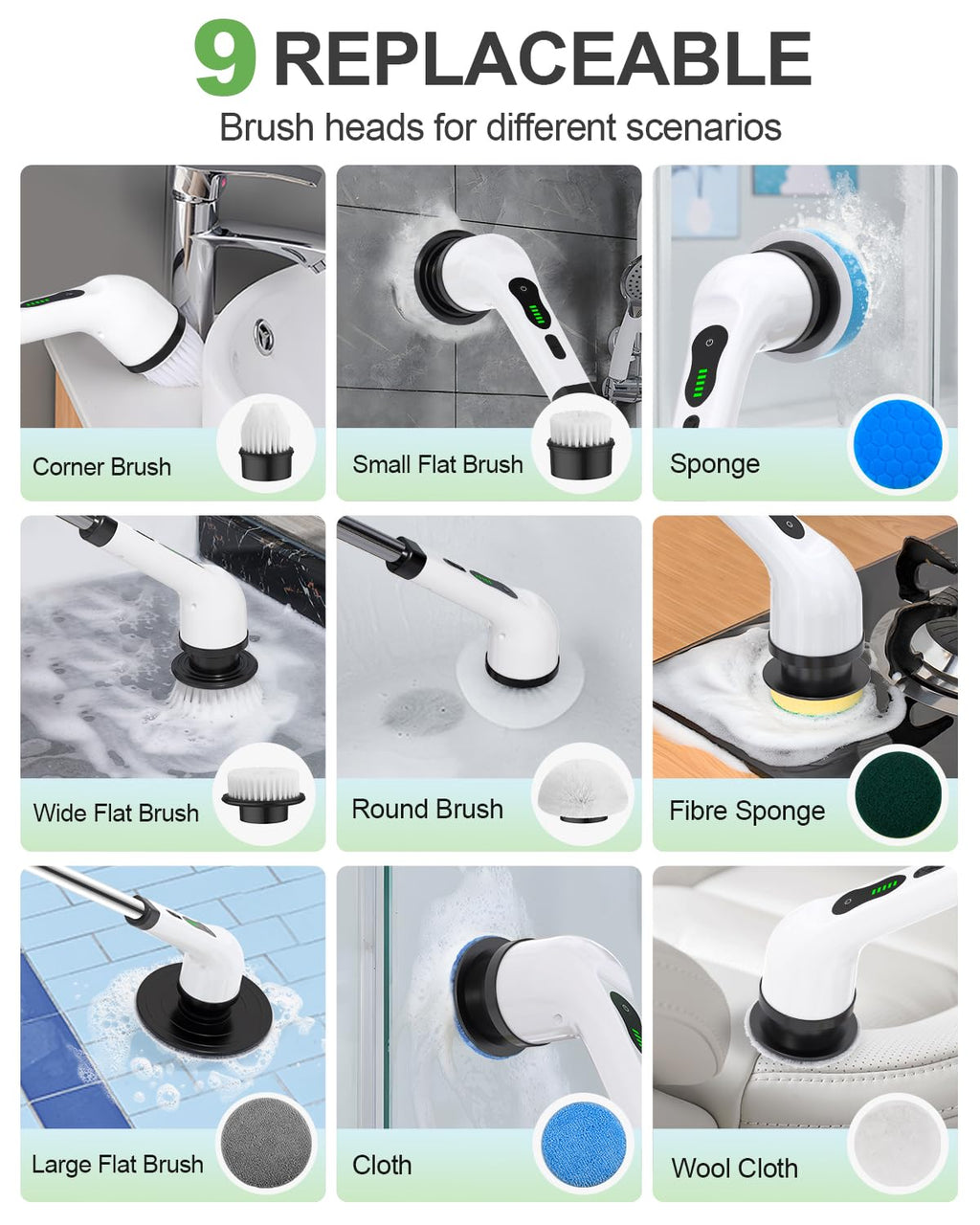 Lichffy Cordless Electric Spin Scrubber, 9 Brush Heads, 2-Speed Motor