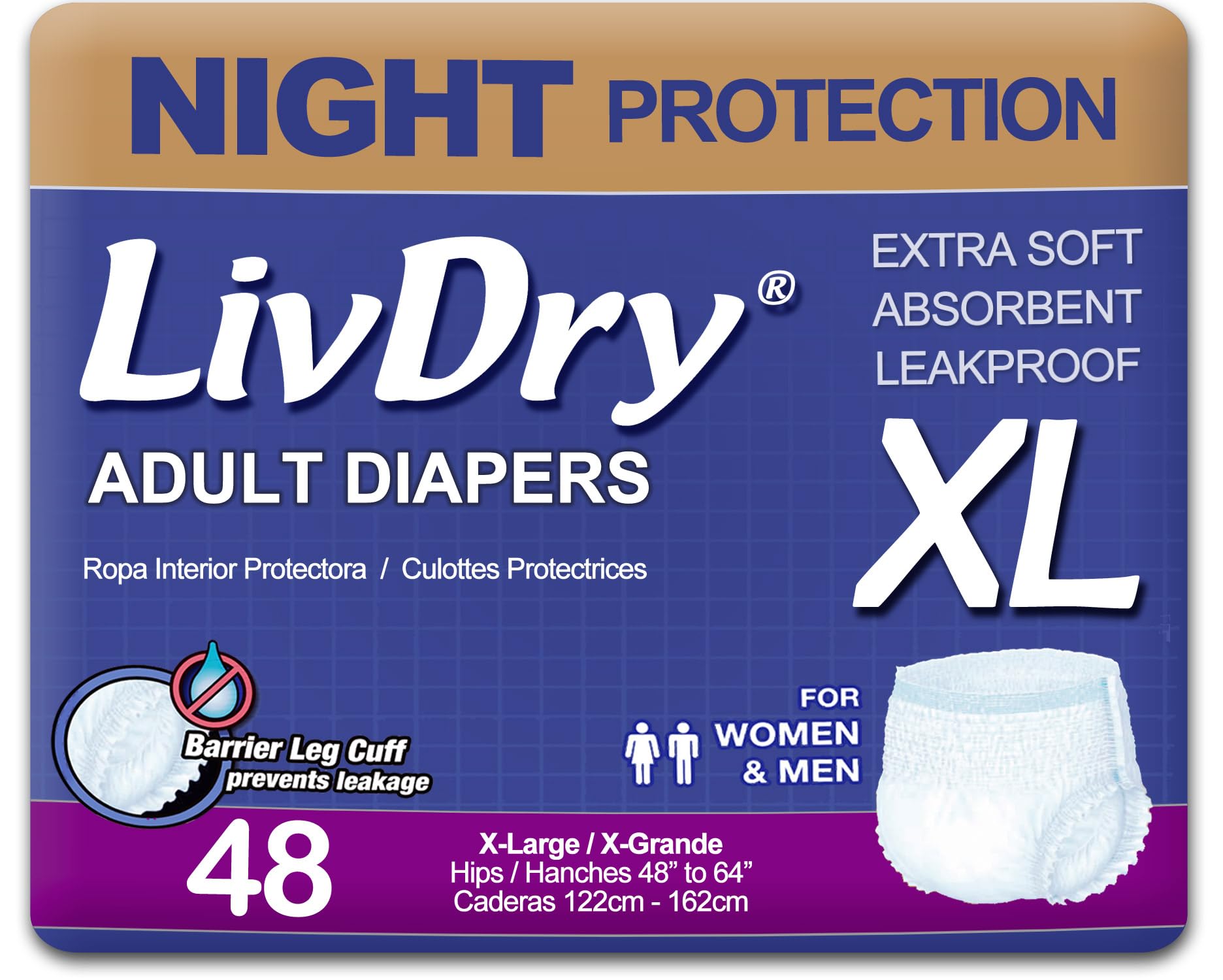 LivDry Adult XL Incontinence Underwear, Overnight Comfort Absorbency, Leak Protection, X-Large, 48-Pack