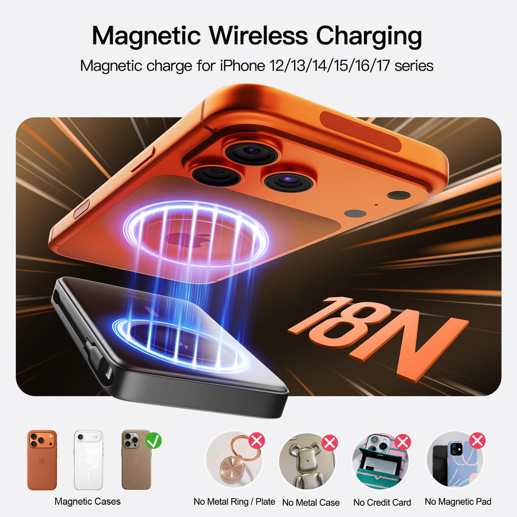 Magnetic Portable Charger 10000mAh, 22.5W Power Bank with Built in Cable
