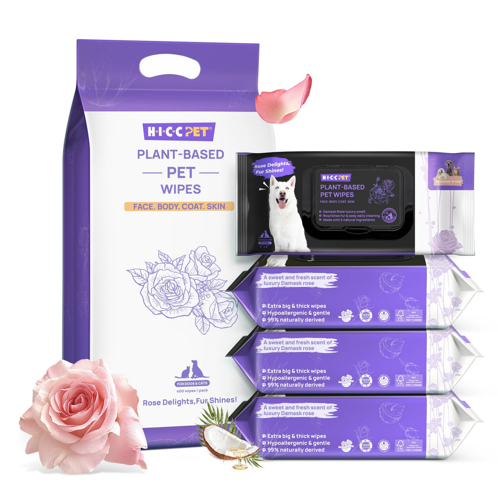 HICC PET Cleaning Deodorizing Wipes for Dogs & Cats, Vet Recommended Plant-Based Pet Grooming Wipes, Fermented Coconut Oil Grooming Paws, Body and Butt, Family Size Supply 400 Count, Rose