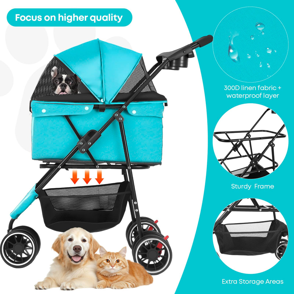 Pet Stroller,Dog Stroller for Small Medium Dogs Cats,3 Wheels,Foldable,with Breathable Mesh Canopy,Cup Holders,Easy Assembly,Mint Green