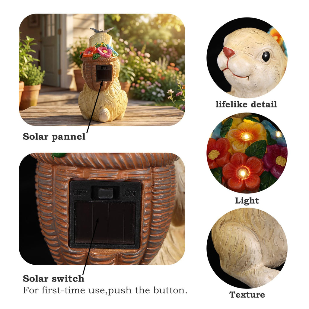 PETAFLOP Solar Garden Statues Outdoor Decor, Rabbit with Flower Basket & Butterfly for Patio Balcony Backyard Lawn Yard Decorations, Father’s Day Birthday Housewarming Gifts for Women, Mom, Grandma