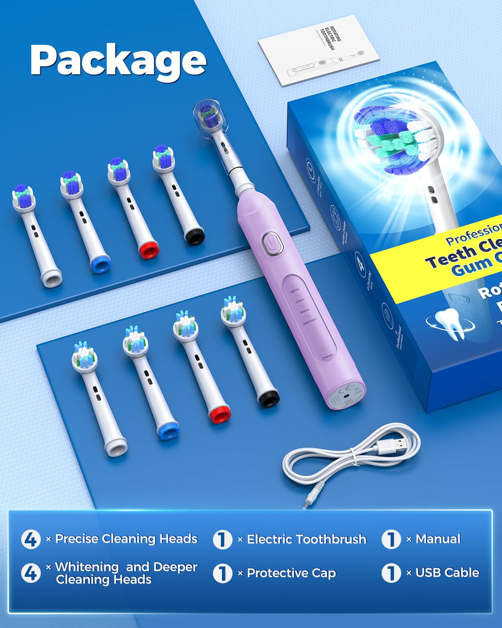 TEETHEORY Rotating Electric Toothbrush for Adults with 8 Brush Heads (2 Types), 4 Modes Deep Clean Electric Toothbrush with Rechargeable Power and 2 Min Smart Timer Purple