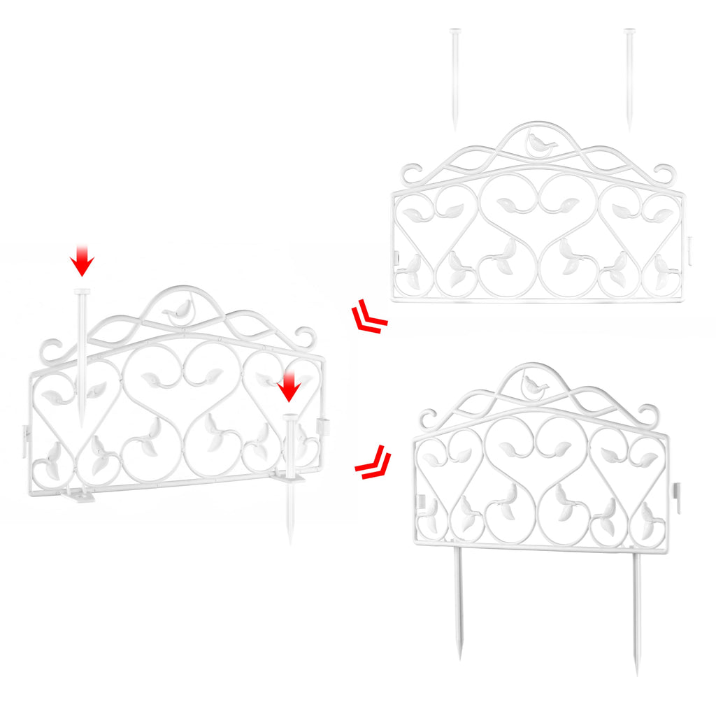 Evelyne Decorative Garden Border Plastic Edging – PP Plastic, Short Metal-Free Faux Wrought Iron Leaf & Bird Design, 8pcs Yard Landscaping Fence Liner Lawn Edge Barrier, 10ft Kit of Decorative Panels