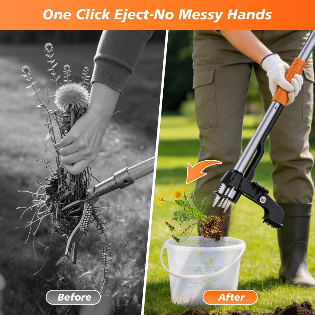 Aishkimo Stand Up Weed Puller Tool - 4-Claw Steel Head Hand Weeding Tool - 40" Retractable Handle with Easy-Eject Mechanism for Dandelions, Clover, No Bending or Kneeling