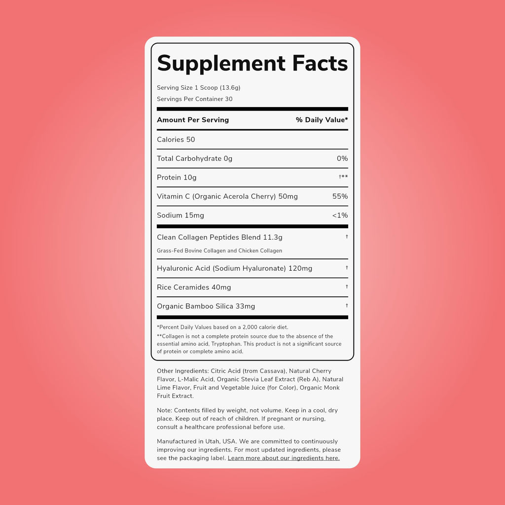 Clean Simple Eats Collagen Powder + Beauty Blend, Cherry Ice Flavor, Hydrolyzed Collagen Peptides from Grass Fed Bovine & Chicken, Hyaluronic Acid for Hair, Skin, Nail & Joint Support, 30 Servings