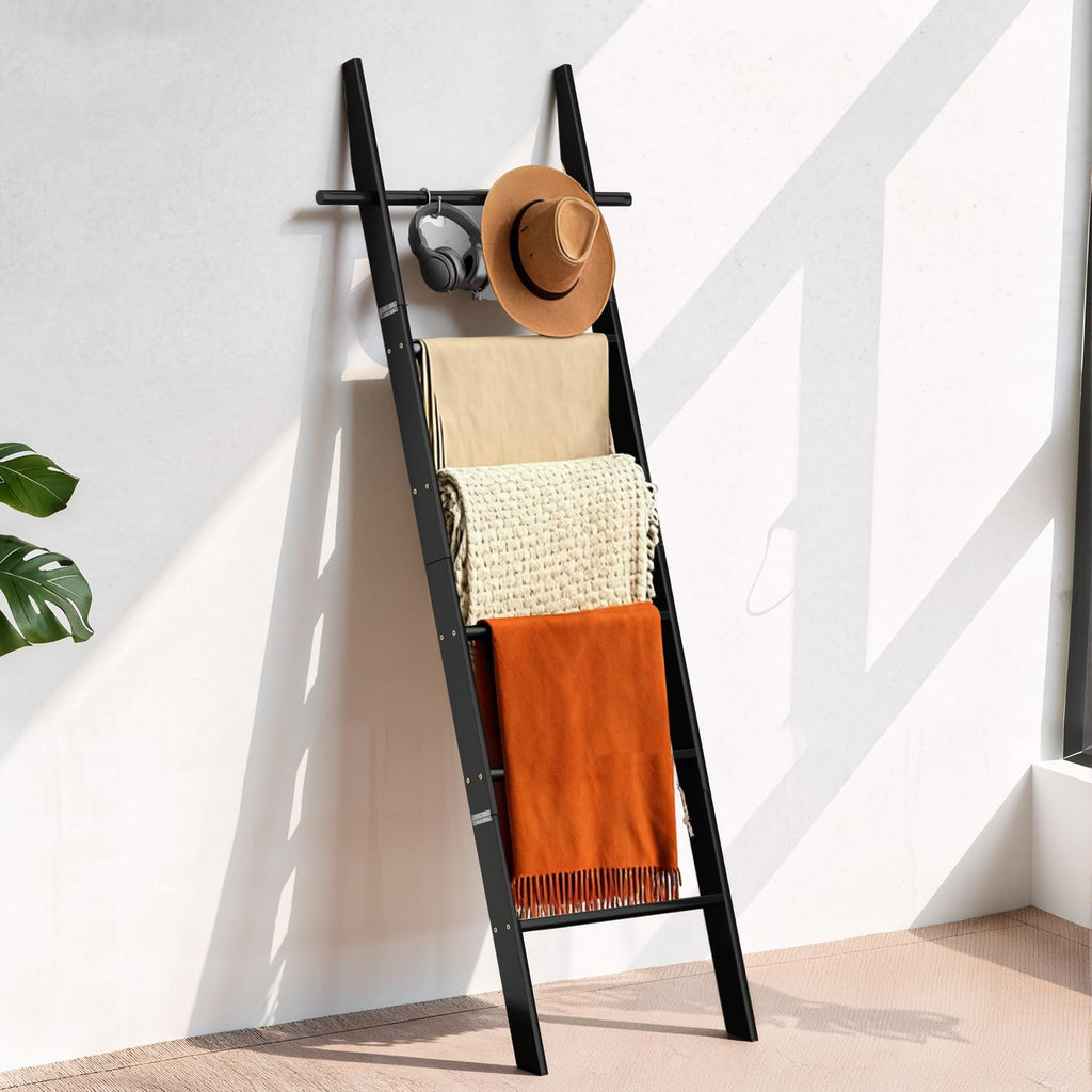 chilinii Farmhouse Wooden Blanket Ladder with Removable Hooks, 6-Tier Rustic Blanket Rack Decorative Stand, Leaning Towel Quilt Display Holder Storage for Bathroom Living Room Decor Black
