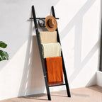 chilinii Farmhouse Wooden Blanket Ladder with Removable Hooks, 6-Tier Rustic Blanket Rack Decorative Stand, Leaning Towel Quilt Display Holder Storage for Bathroom Living Room Decor Black