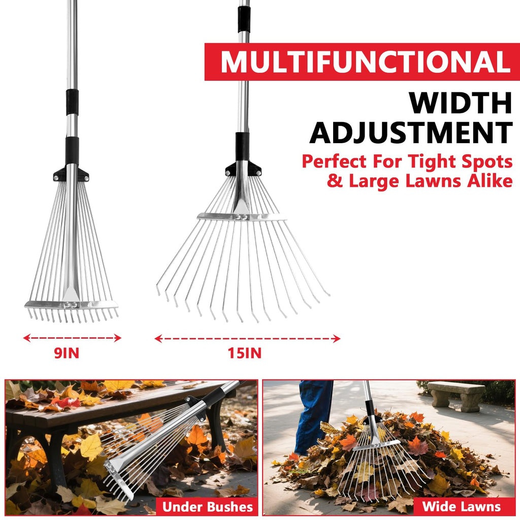 Leaf Rake Adjustable 23-75, Collapsible Metal Stainless Steel Garden Yard