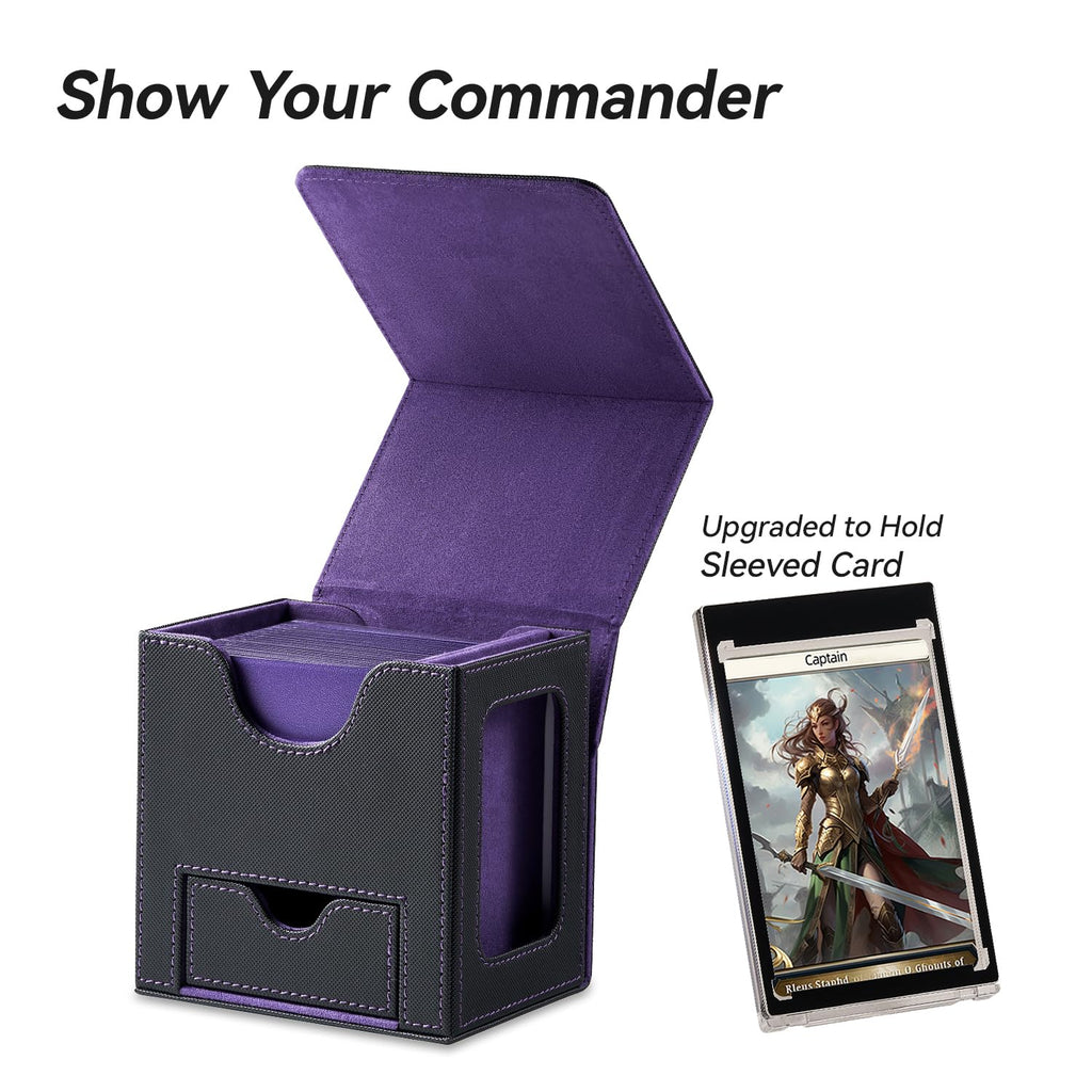Mage Tech Card Deck Box for MTG Commander - Patented Design, Commander Display, Fits 100 Double-Sleeved Cards, 35pt Card Brick & Dice Tray - Black/Purple