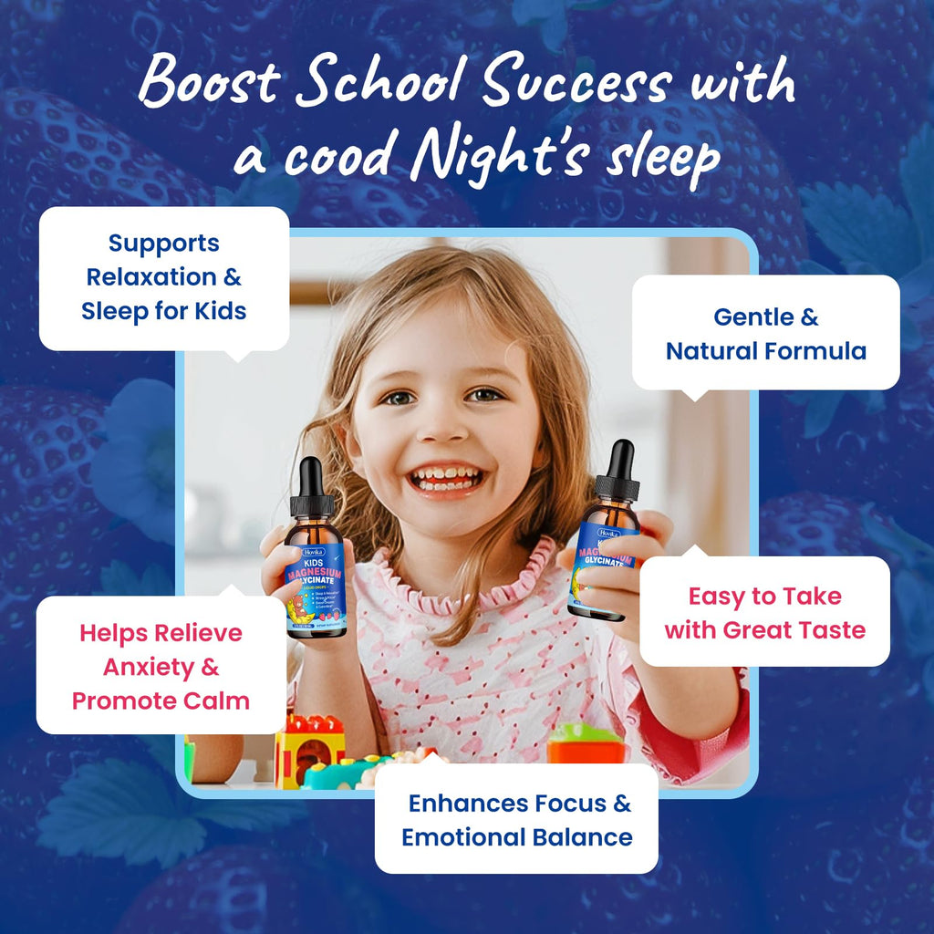 2 Pack Kids Magnesium Liquid Drops - Liquid Magnesium Glycinate Supplement with L-Theanine Omega-3, Vitamin B6, D3, Zinc - Support Sleep, Relaxation, Calm & Focus - Strawberry Flavor
