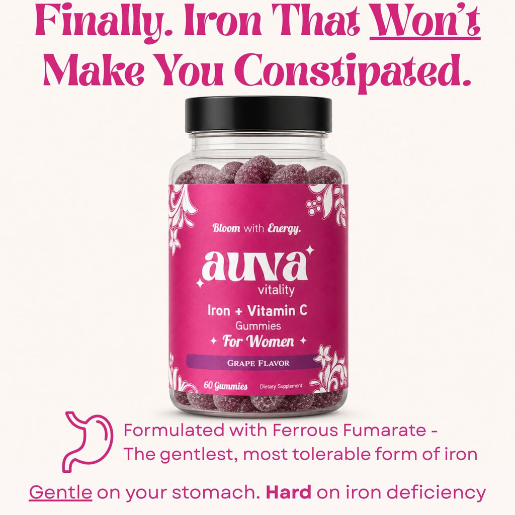 Auva Vitality Iron Gummies for Women — Non-Constipating | Ferrous Fumarate 20mg + Vitamin C | Energy, Anemia & Iron Deficiency Support | Hair Health, Menstrual & Menopause | Grape Flavor, 60 Count