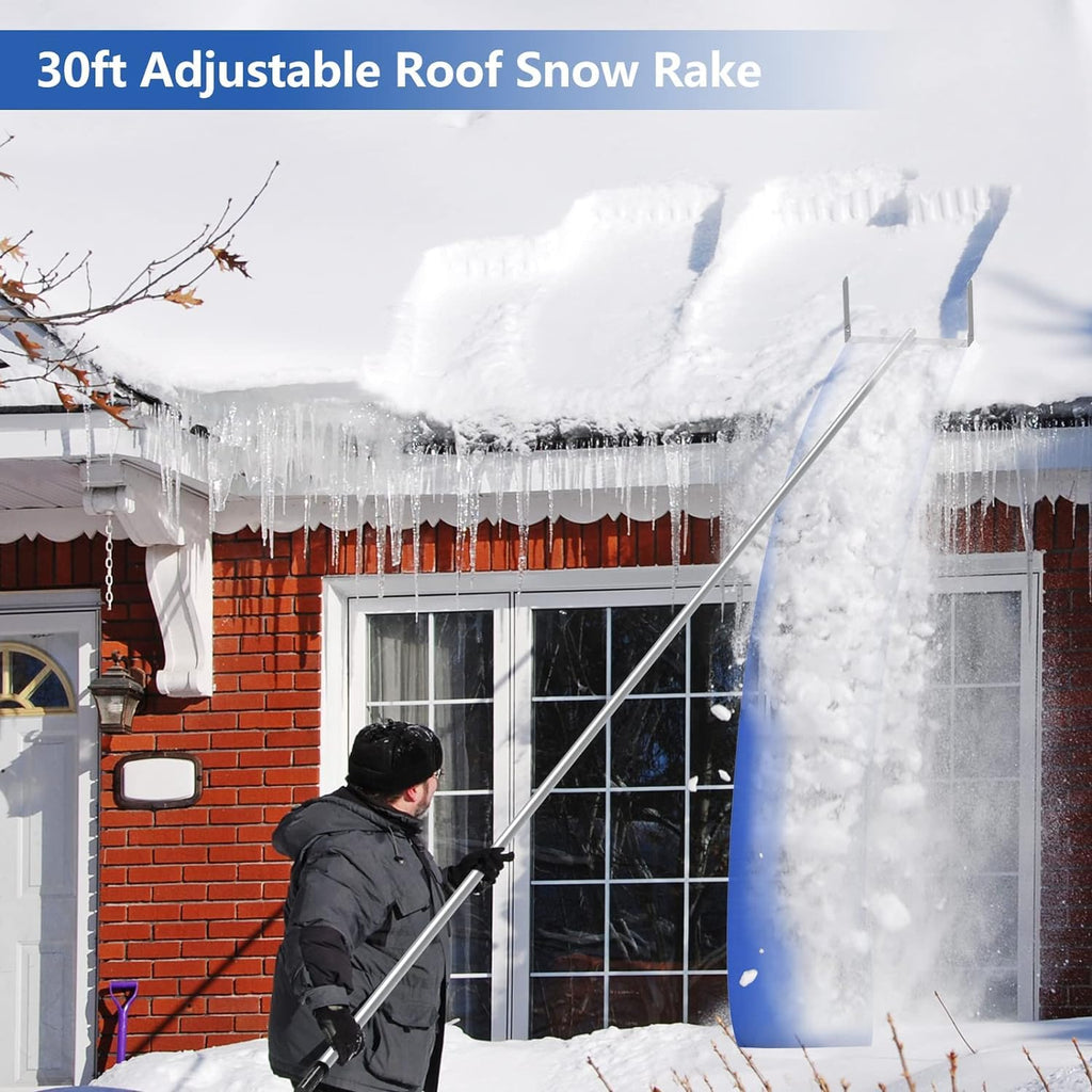 Signstek Snow Roof Rake 30ft – Snow Removal Tool with Wheels and Adjustable Extended Handle for Cedar Shake Roof, Metal, Tile Roof, Long or Low-Pitched Roofs