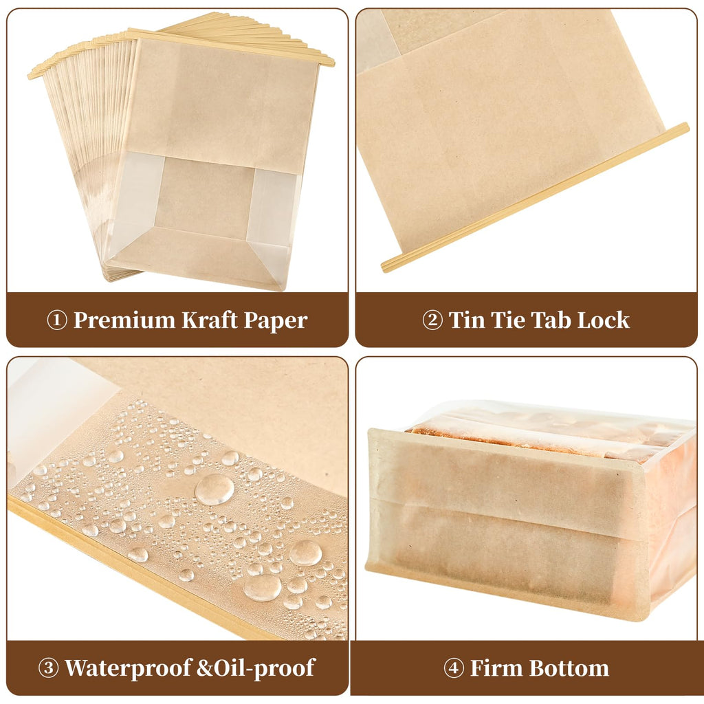 Ohuimrt 100 PCS Paper Bread Bags for Homemade Breads, 11 x 8.7 x 4.3 Inches Kraft Bakery Bags with Tin Tie Tab Lock Sourdough Bread Bags with Window Baked Foods Packaging
