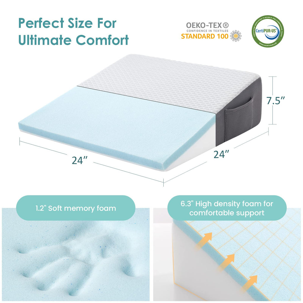 Cozymaker 7.5" Bed Wedge Pillow for Sleeping After Surgery, Back Support, Leg Elevation, Gerd Acid Reflux, Neck Pain, Snoring, Cooling Memory Foam Triangle Incline Wedge, Removable Washable Cover