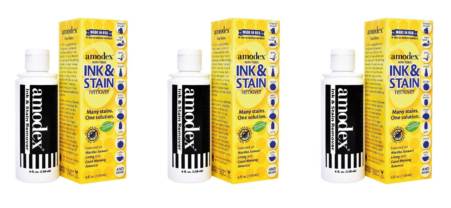 Amodex Ink & Stain Remover for Clothes, Leather and Skin - Removes Ink, Ballpoint, Sharpie, Grease and More, Works on Set-in Stains, Gentle but Powerful, 4oz/120ml Bottle (Pack of 3)
