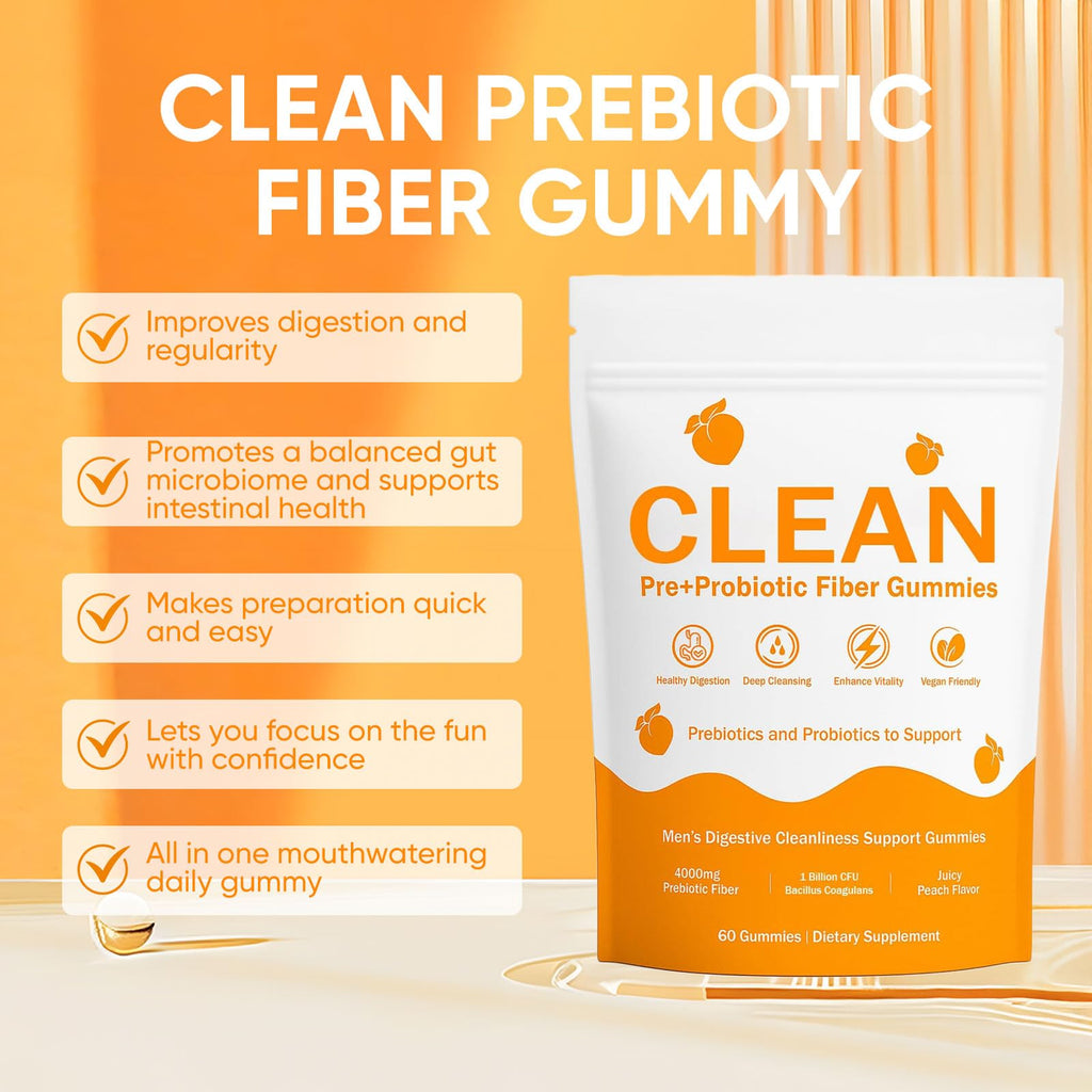 VCFBBG Clean Prebiotic Fiber Gummies for Men, Peach Flavor, Sugar-Free Pre+Probiotic Fiber Gummies, Gut Health & Digestive Support, Men's Prebiotics and Probiotics Gummy, 60 Count