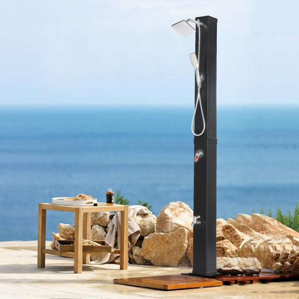 VINGLI 10.6 Gallon Solar Heated Outdoor Shower, 7.2 FT Height, Freestanding Outside Shower with 360° Swivel Shower Head + 6FT Handheld Shower + Foot Faucet, Hot & Cold Water Adjustment, Black