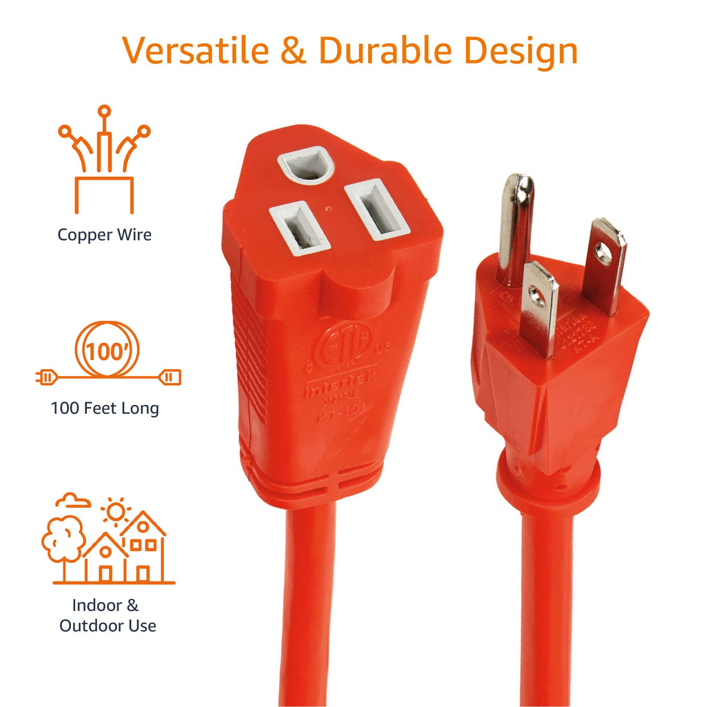 Amazon Basics 100 Foot 3-Prong Vinyl Indoor/Outdoor Extension Cord, Long Power Cord, Grounded Plug for Safety, Moisture Resistant, 10 Amps, 1250 Watts, 125 VAC, Orange