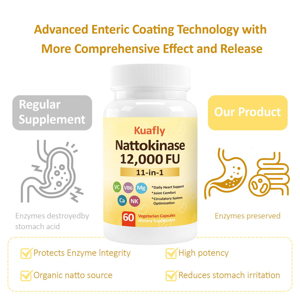 KUAFLY Nattokinase Supplement 12000FU -Organic nattokinase 600mg for Circulatory Wellness,Premium Heart Health Support - Vegan & Gluten Free- 120 Capsules