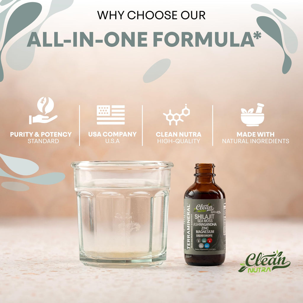 Clean Nutraceuticals Shilajit Liquid Drops with Sea Moss, Ashwagandha, Zinc, Magnesium, Liquid Vitamins for Women and Men - Terra Mineral