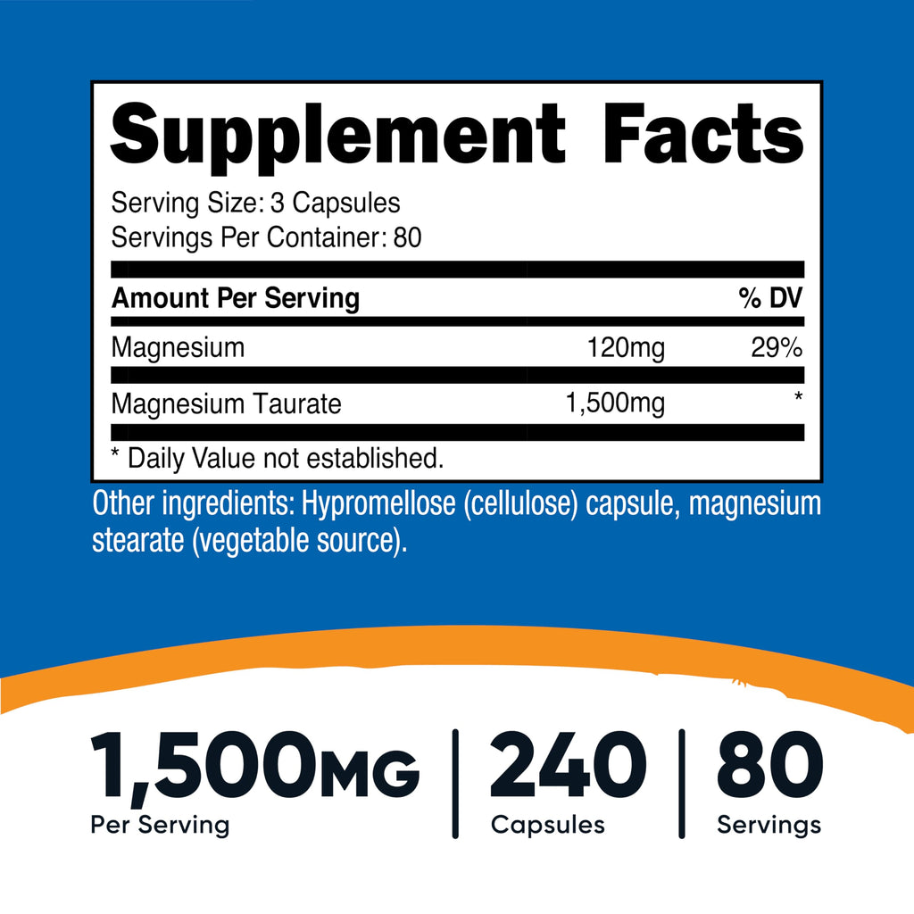 Nutricost Magnesium Taurate 1,500mg; 240 Capsules - Gluten Free, Non-GMO, Vegan, 80 Servings