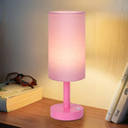 LALISU Small Table Lamp Nightstand Lamp Linen Lampshade Bedroom Wood Base Small Bedside Lamp for Night Stands, Desk Lamps for Reading Living Room, Office (LED Bulb Included) (Pink)