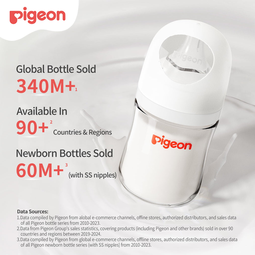 Pigeon Glass Nursing Bottle Wide Neck, Anti-Colic, Streamlined Body, Natural Feel, Easy to Clean, Heat-Resistant, 8.1 Oz (Pack of 2), Includes 2pcs M Nipples (3m+)