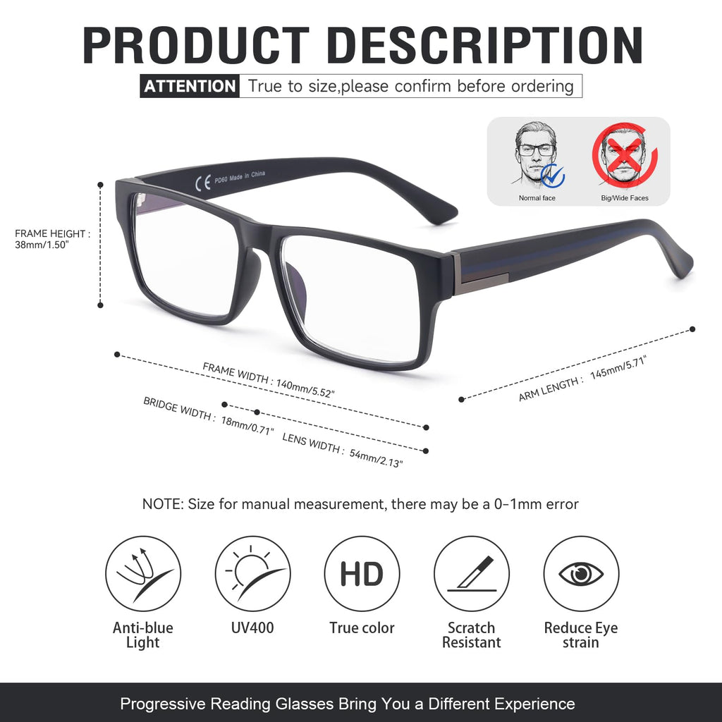 2 Pack Excellent Unbreakable Progressive Multifocus Reading Glasses for Men, TR90 Thick Frame Blue Light Blocking Glasses Anti UV/Eye Strain Computer Readers No-Line Multifocal Eyeglasses, +1.75x