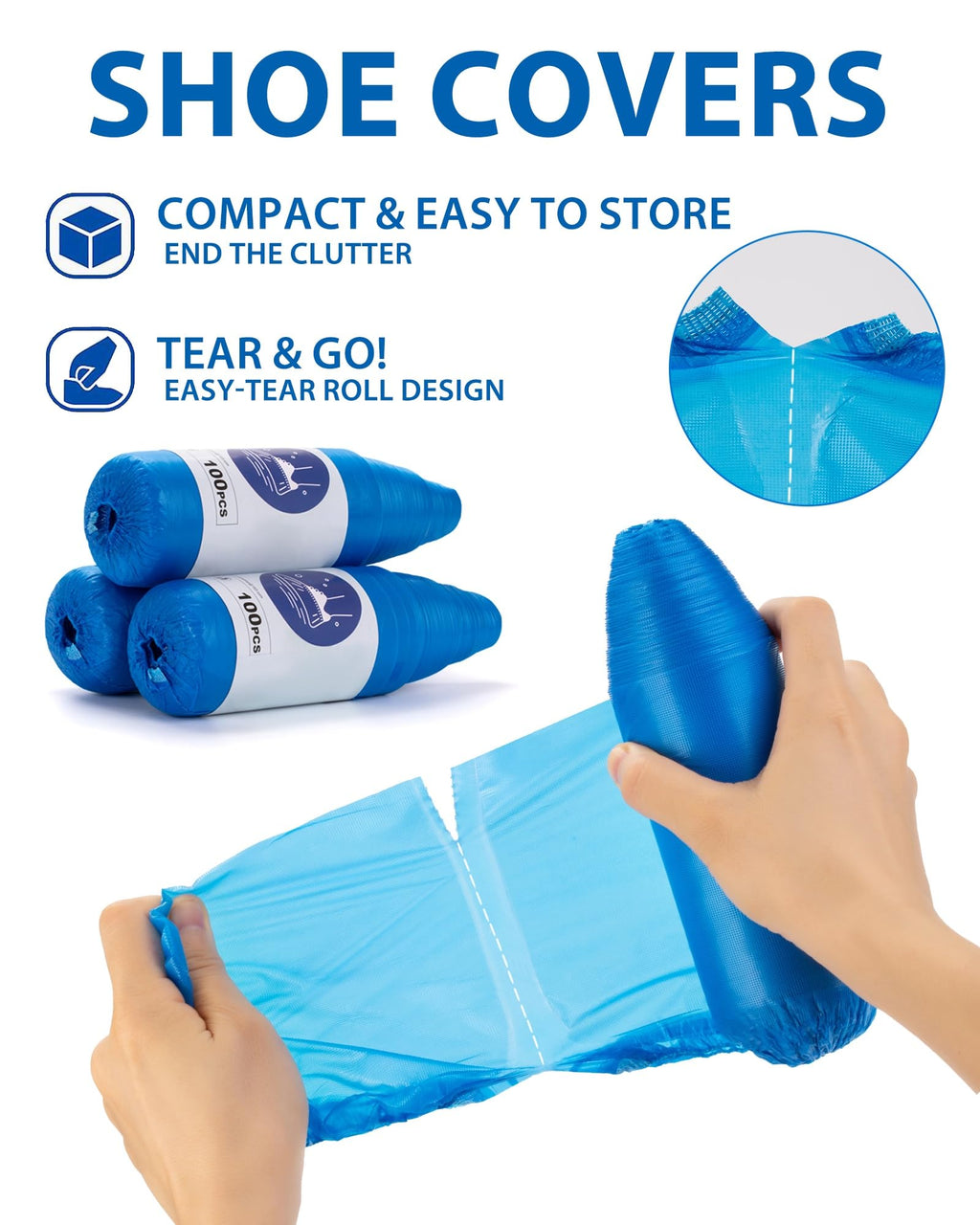 Shoe Covers Disposable Non-Slip Bulk, 300 Pack (150 Pairs) Waterproof CPE Boot Booties on Roll, Foot Covers for Construction, Hospital, Real Estate Office, Cleaning Business, Fits Most