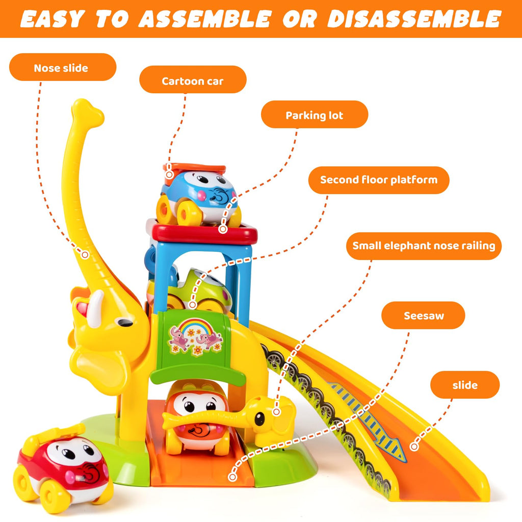 Marstone Toddler Toys for 1 2 Year Old Boys and Girls Gifts: Educational Elephant Slide with 4 Animal Cars Toys for Baby 12-18 Months, First Birthday Present Learning Push Truck Track Ages 1-2
