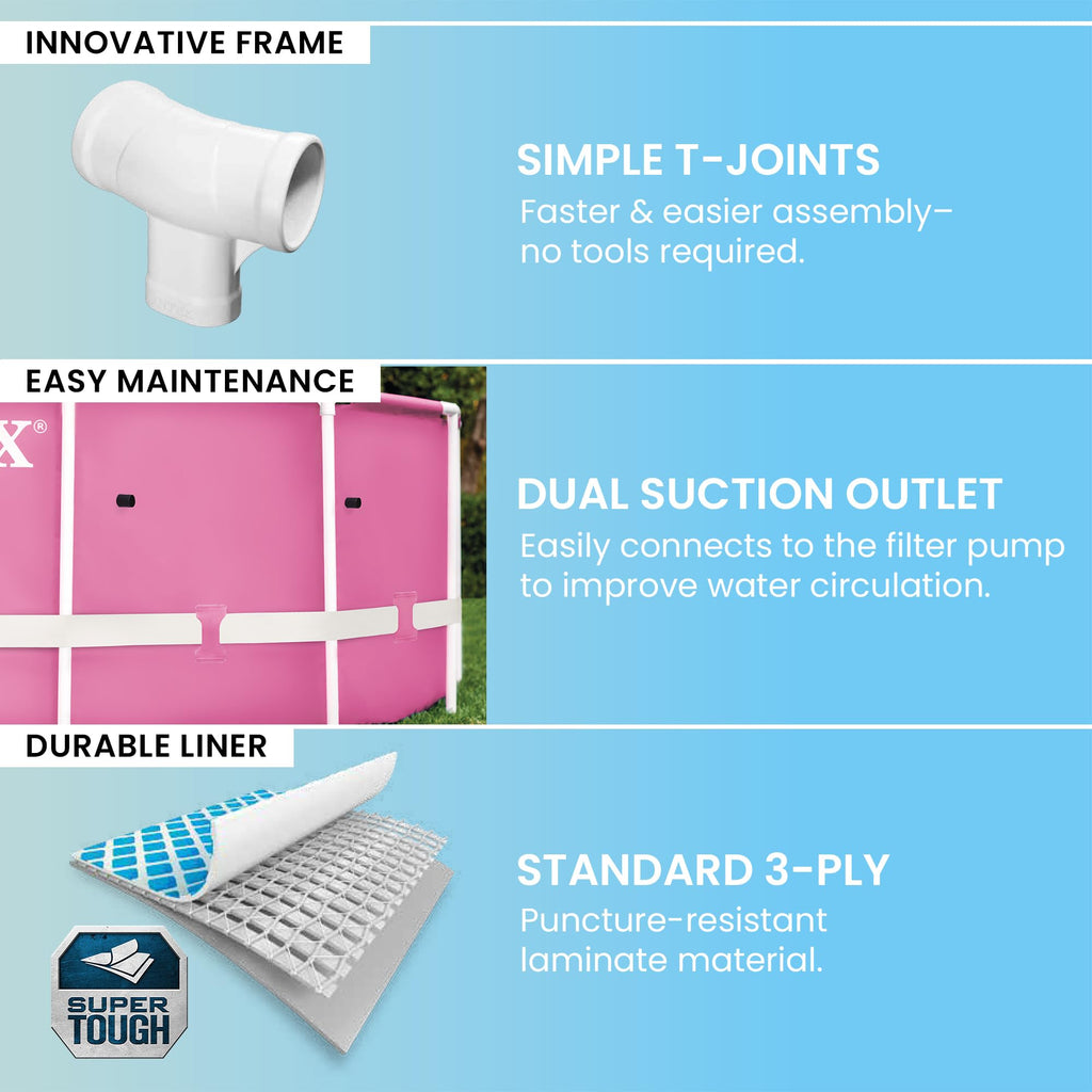 Intex 28290EH 8 Feet by 30 Inches Easy to Assemble Large Round Metal Frame Above Ground Swimming Pool with Dual Suction Outlet Fittings, Pink