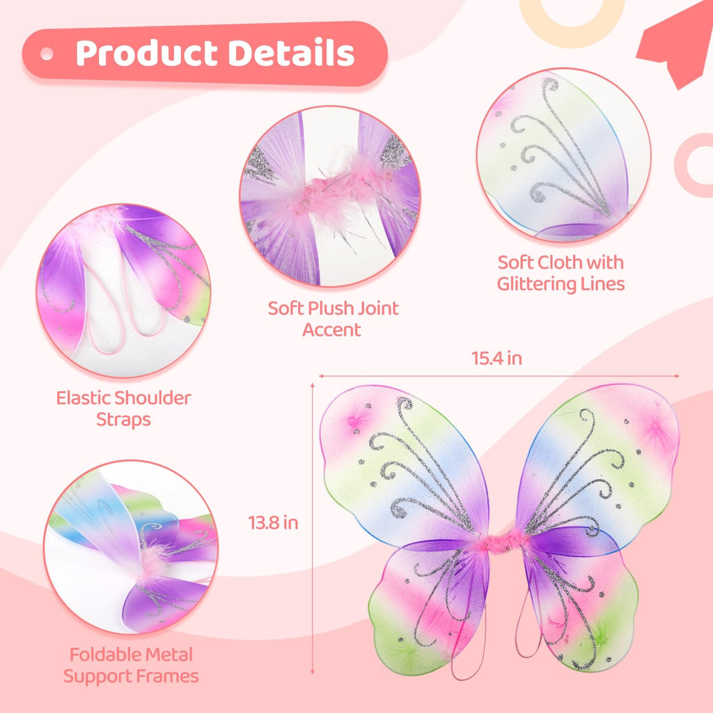 Homaisson 12 Pcs Butterfly Fairy Wings, Sparkle Princess Wings Set, Colorful Costume Accessories for Parties, Glitter Costume Wings with Elastic Straps & Shimmering Patterns, Birthday Party Favors